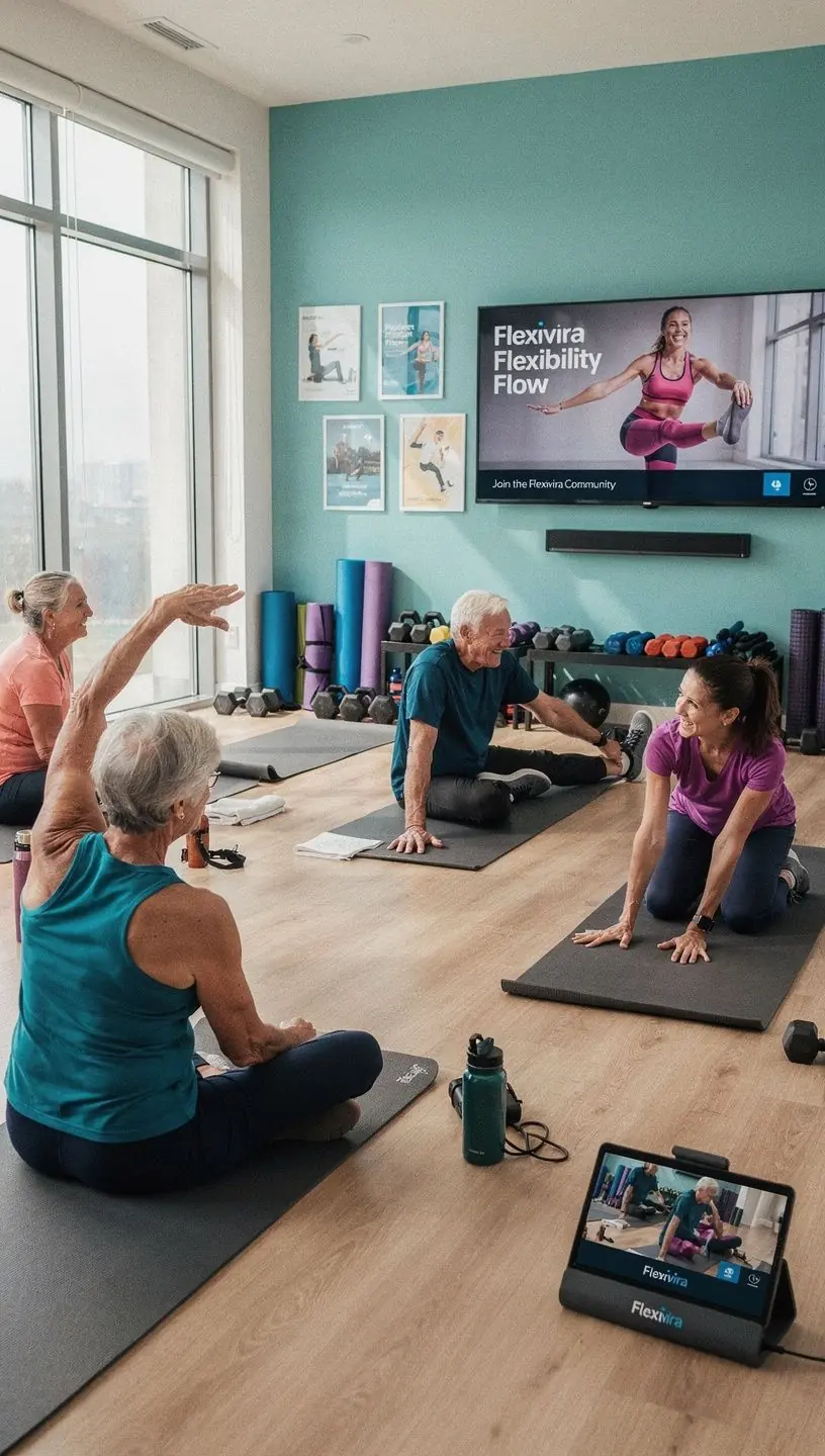 Skupinová lekcia, kde sa seniori učia dýchacie techniky a relaxáciu.