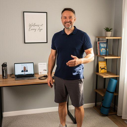 Skupina zrelých dospelých cvičencov sa usmieva pri online trénovaní.